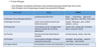 • F) kata bilangan
- kata bilangan merupakan perkataan yang menjadi penerang jumlah bagi frasa nama
- kata bilangan tentu berpasangan dengan kata penjodoh bilangan
 