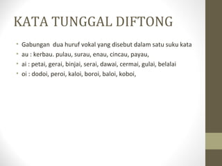 KATA TUNGGAL DIFTONG
• Gabungan dua huruf vokal yang disebut dalam satu suku kata
• au : kerbau. pulau, surau, enau, cincau, payau,
• ai : petai, gerai, binjai, serai, dawai, cermai, gulai, belalai
• oi : dodoi, peroi, kaloi, boroi, baloi, koboi,
 