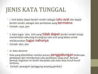 JENIS KATA TUNGGAL
• i. Unit bebas dapat berdiri sendiri sebagai satu ayat dan dapat
berdiri sendiri sebagai satu perkataan yang bermakna.
• Contoh: saya, pen
• ii. Kata tugas iaitu Unit yang tidak dapat berdiri sendiri tetapi
memerlukan sekurang-kurangnya satu unit yang bebas untuk
melaksanakan tugas nahunya.
• Contoh: dari, dan
• iii. Kata akronim
• Kata yang diterbitkan melalui proses penggabungan beberapa
perkataan dan membentuk satu perkataan yang utuh. Bentuk-
bentuk singkatan ini terdiri daripada suku kata atau huruf-huruf
tertentu.
• Contoh: pawagam (panggung wayang gambar)
 