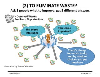 (2)	
  TO	
  ELIMINATE	
  WASTE?	
  

Ask	
  5	
  people	
  what	
  to	
  improve,	
  get	
  5	
  diﬀerent	
  answers	
  
=	
  Observed	
  Wastes,	
  
Problems,	
  Opportuni=es	
  	
  

This	
  seems	
  
interes=ng	
  

This	
  seems	
  
important!	
  

There's	
  always	
  
too	
  much	
  to	
  do,	
  
and	
  by	
  random	
  
choices	
  you	
  get	
  
nowhere	
  
Illustra3on	
  by	
  Teemu	
  Toivonen	
  
© Mike Rother!

KATA WALKS!

12	
  

 