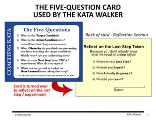 THE	
  FIVE-­‐QUESTION	
  CARD	
  
USED	
  BY	
  THE	
  KATA	
  WALKER	
  
Back	
  of	
  card	
  -­‐	
  Reﬂec+on	
  Sec+on	
  

Card	
  is	
  turned	
  over	
  
to	
  reﬂect	
  on	
  the	
  last	
  
step	
  /	
  experiment	
  

© Mike Rother!

KATA WALKS!

23	
  

 