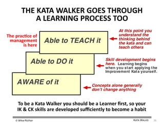 THE	
  KATA	
  WALKER	
  GOES	
  THROUGH	
  
A	
  LEARNING	
  PROCESS	
  TOO	
  
The	
  prac=ce	
  of	
  
management	
  
is	
  here	
  

To	
  be	
  a	
  Kata	
  Walker	
  you	
  should	
  be	
  a	
  Learner	
  ﬁrst,	
  so	
  your	
  
IK	
  &	
  CK	
  skills	
  are	
  developed	
  suﬃciently	
  to	
  become	
  a	
  habit	
  
© Mike Rother!

KATA WALKS!

26	
  

 