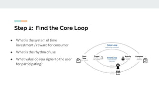Step 2: Find the Core Loop
● What is the system of time
investment / reward for consumer
● What is the rhythm of use
● What value do you signal to the user
for participating?
 
