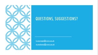 QUESTIONS, SUGGESTIONS?
k.courage@worc.ac.uk
m.malomo@worc.ac.uk
 