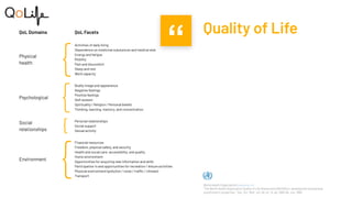“ Quality of Life
World Health Organization | www.who.int
“The World Health Organization Quality of Life Assessment (WHOQO...