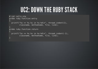 UC2: DOWN THE RUBY STACK
#ctclssp
   a al.t
poerb.ucinety
 rb uyfnto.nr
{
  pit(% = %.si %:dn,tra_net1,
   rnf"s > s% n s%" hedidn()
      casae mtonm,fl,ln)
       lsnm, ehdae ie ie;
}
poerb.ucinrtr
 rb uyfnto.eun
{
  pit(% < %.si %:dn,tra_net-)
   rnf"s = s% n s%" hedidn(1,
      casae mtonm,fl,ln)
       lsnm, ehdae ie ie;
}
 