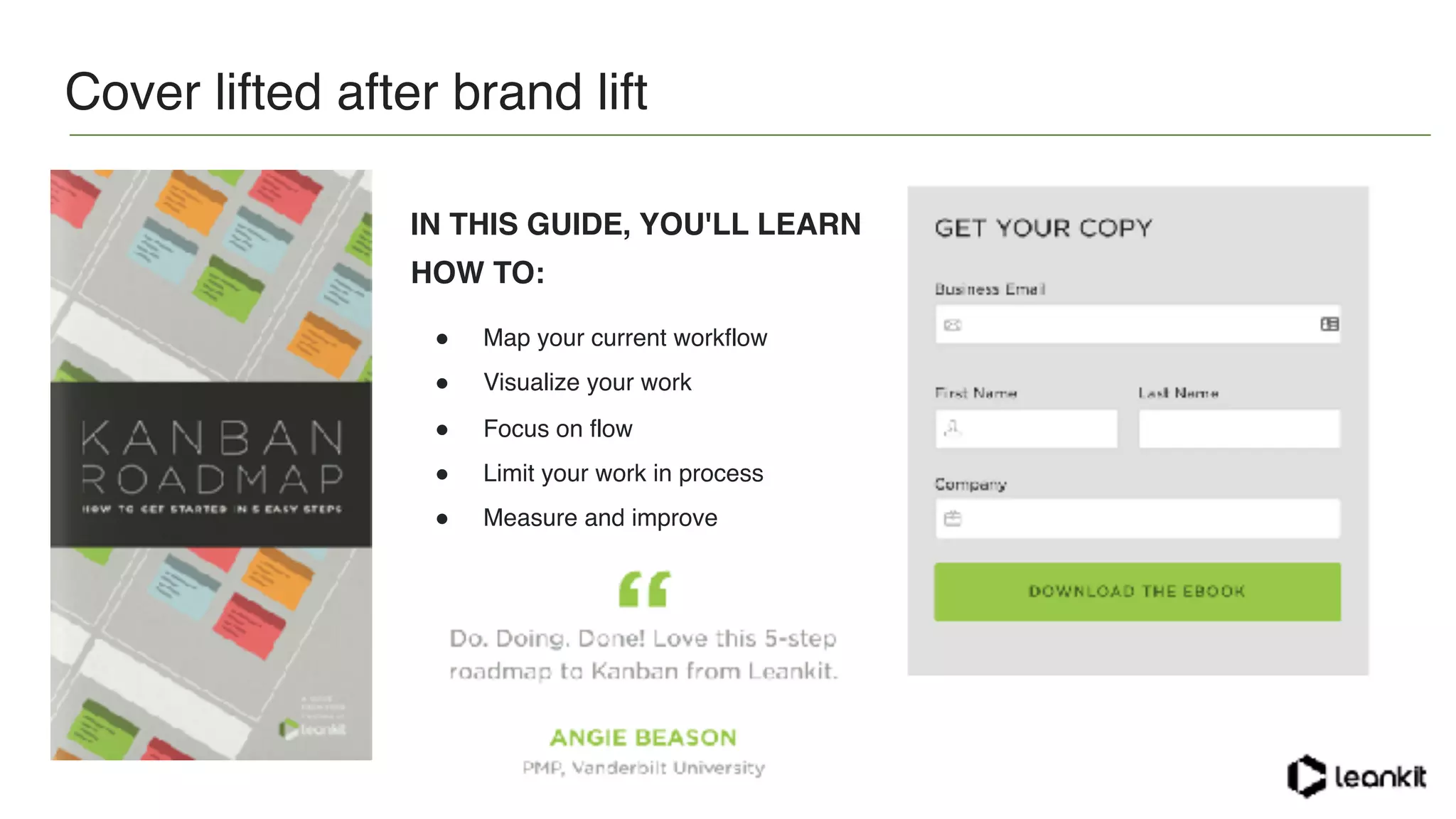 Cover lifted after brand lift
IN THIS GUIDE, YOU'LL LEARN
HOW TO:
" Map your current workflow
" Visualize your work
" Focus on flow
" Limit your work in process
" Measure and improve