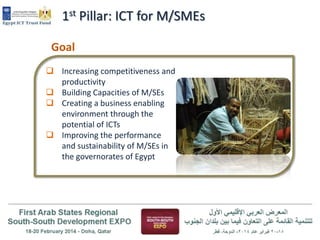 1st Pillar: ICT for M/SMEs
Goal
 Increasing competitiveness and
productivity
 Building Capacities of M/SEs
 Creating a business enabling
environment through the
potential of ICTs
 Improving the performance
and sustainability of M/SEs in
the governorates of Egypt

 