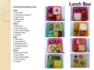 Lunch BoxLunch BoxContoh Katering Makan Siang
Senin
1. Nasi Putih
2. Oseng Buncis Wortel
3. Ayam Kalio
4. Mie Goreng
5. Sambel
Selasa
1. Nasi Putih
2. Terong rica-rica
3. Semur Bola Daging
4. Bakwan Sayur
5. Sambel
Rabu
1. Nasi Putih
2. Sayur Bening
3. Bandeng Presto
4. Perkedel Jagung
5. Sambal
Kamis
1. Nasi Liwet Sunda
2. Sayur Asem
3. Ayam Bakar Madu
4. Tahu Goreng
5. Sambal
 