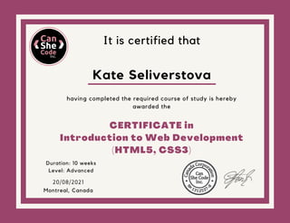 Certificate in Introduction to Web Development (HTML5, CSS3) | PPT