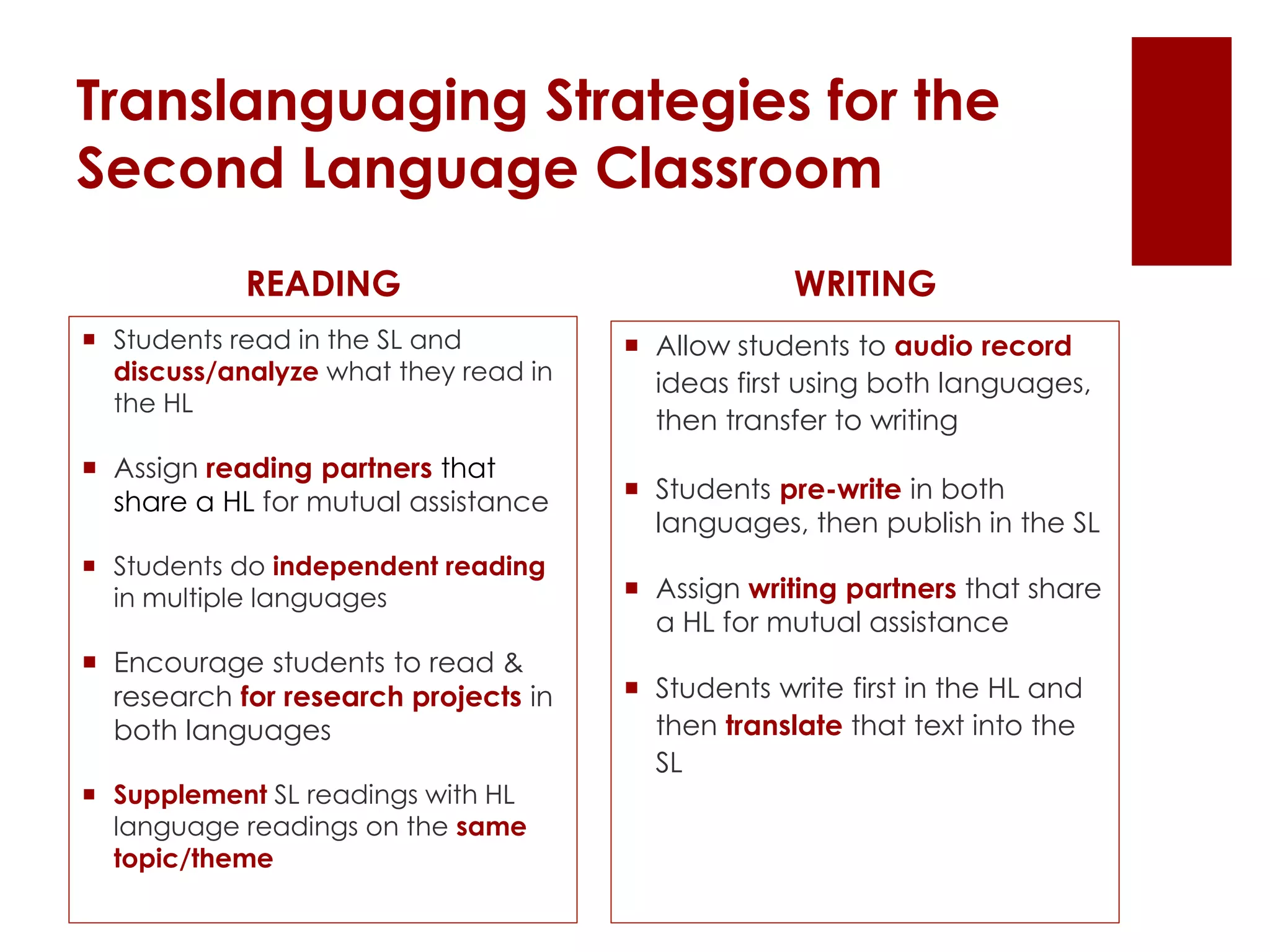 Translanguaging Strategies for the
Second Language Classroom
 Students read in the SL and
discuss/analyze what they read in
the HL
 Assign reading partners that
share a HL for mutual assistance
 Students do independent reading
in multiple languages
 Encourage students to read &
research for research projects in
both languages
 Supplement SL readings with HL
language readings on the same
topic/theme
 Allow students to audio record
ideas first using both languages,
then transfer to writing
 Students pre-write in both
languages, then publish in the SL
 Assign writing partners that share
a HL for mutual assistance
 Students write first in the HL and
then translate that text into the
SL
READING WRITING
 