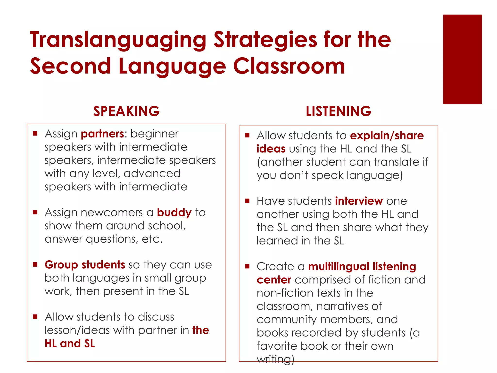 Translanguaging Strategies for the
Second Language Classroom
 Assign partners: beginner
speakers with intermediate
speakers, intermediate speakers
with any level, advanced
speakers with intermediate
 Assign newcomers a buddy to
show them around school,
answer questions, etc.
 Group students so they can use
both languages in small group
work, then present in the SL
 Allow students to discuss
lesson/ideas with partner in the
HL and SL
 Allow students to explain/share
ideas using the HL and the SL
(another student can translate if
you don’t speak language)
 Have students interview one
another using both the HL and
the SL and then share what they
learned in the SL
 Create a multilingual listening
center comprised of fiction and
non-fiction texts in the
classroom, narratives of
community members, and
books recorded by students (a
favorite book or their own
writing)
SPEAKING LISTENING
 