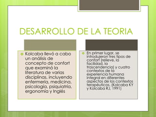 DESARROLLO DE LA TEORIA


Kolcaba llevó a cabo
un análisis de
concepto de confort
que examinó la
literatura de varias
disciplinas, incluyendo
enfermería, medicina,
psicología, psiquiatría,
ergonomía y Inglés



En primer lugar, se
introdujeron tres tipos de
confort (relieve, la
facilidad, la
trascendencia) y cuatro
contextos de la
experiencia humana
integral en diferentes
aspectos de los contextos
terapéuticos. (Kolcaba KY
y Kolcaba RJ, 1991)

 