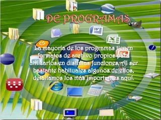  .DiVX: archivo de video en formato DiVX:) conocido como el MP3 del video ya que permite niveles muy altos de compresión. Logra que una película que ocuparía un DVD entero (de hasta 7 GB), pueda grabarse en un CD-Rom común (de 700 MB) sin perder calidad.DE IMAGENESPoco hay que decir de las imágenes y de sus formatos salvo que cada uno de ellos utiliza un método de representación y que algunos ofrecen mayor calidad que otros.