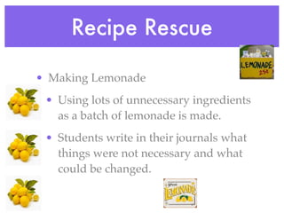 Recipe Rescue

• Making Lemonade
 • Using lots of unnecessary ingredients
   as a batch of lemonade is made.
 • Students write in their journals what
   things were not necessary and what
   could be changed.
 