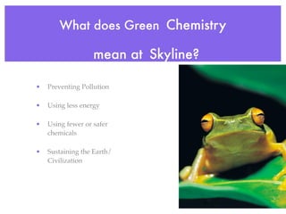 What does Green Chemistry

                   mean at Skyline?

•   Preventing Pollution

•   Using less energy

•   Using fewer or safer
    chemicals

•   Sustaining the Earth/
    Civilization
 