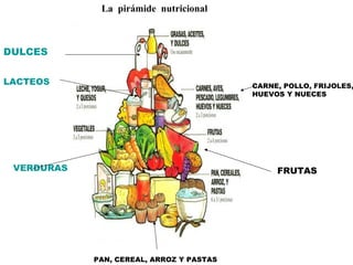 La  pirámide  nutricional DULCES LACTEOS CARNE, POLLO, FRIJOLES, HUEVOS Y NUECES VERDURAS FRUTAS PAN, CEREAL, ARROZ Y PASTAS 
