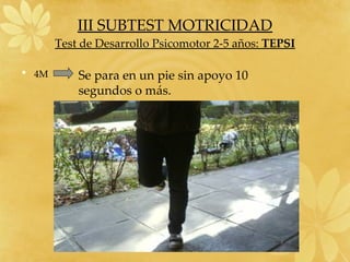 III SUBTEST MOTRICIDAD Test de Desarrollo Psicomotor 2-5 años: TEPSI 4M Se para en un pie sin apoyo 10 segundos o más.