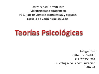 Universidad Fermín Toro
Vicerrectorado Académico
Facultad de Ciencias Económicas y Sociales
Escuela de Comunicación Social
Integrantes
Katherine Castillo
C.I. 27.250.294
Psicología de la comunicación
SAIA - A
 