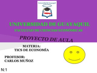 UNIVERSIDAD DE GUAYAQUIL
PROYECTO DE AULA
N:1
FACULTAD DE CIENCIAS ECONÓMICAS
MATERIA:
TICS DE ECONOMÍA
PROFESOR:
CARLOS MUÑOZ
 
