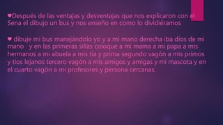 ♥Después de las ventajas y desventajas que nos explicaron con el 
Sena el dibujo un bus y nos enseño en como lo dividiéramos 
♥ dibuje mi bus manejándolo yo y a mi mano derecha iba dios de mi 
mano y en las primeras sillas coloque a mi mama a mi papa a mis 
hermanos a mi abuela a mis tía y prima segundo vagón a mis primos 
y tíos lejanos tercero vagón a mis amigos y amigas y mi mascota y en 
el cuarto vagón a mi profesores y persona cercanas. 
 