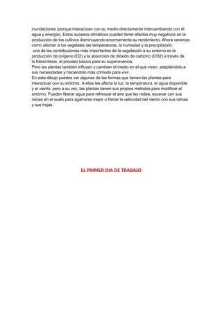 inundaciones (porque interactúan con su medio directamente intercambiando con él
agua y energía). Estos sucesos climáticos pueden tener efectos muy negativos en la
producción de los cultivos disminuyendo enormemente su rendimiento. Ahora veremos
cómo afectan a los vegetales las temperaturas, la humedad y la precipitación.
una de las contribuciones más importantes de la vegetación a su entorno es la
producción de oxígeno (O2) y la absorción de dióxido de carbono (CO2) a través de
la fotosíntesis, el proceso básico para su supervivencia.
Pero las plantas también influyen y cambian el medio en el que viven, adaptándolo a
sus necesidades y haciéndolo más cómodo para vivir.
En este dibujo puedes ver algunas de las formas que tienen las plantas para
interactuar con su entorno. A ellas les afecta la luz, la temperatura, el agua disponible
y el viento, pero a su vez, las plantas tienen sus propios métodos para modificar el
entorno. Pueden liberar agua para refrescar el aire que las rodea, excavar con sus
raíces en el suelo para agarrarse mejor o frenar la velocidad del viento con sus ramas
y sus hojas.
EL PRIMER DIA DE TRABAJO