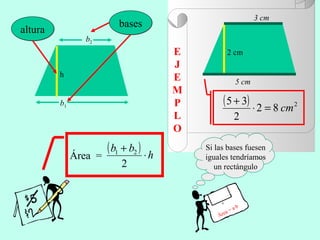 E
J
E
M
P
L
O
Si las bases fuesen
iguales tendríamos
un rectángulo
Área = a·b
a
b
h
alturaaltura
b1
b2
basesbases
5 cm
3 cm
2 cm
Área =
( ) h
bb
⋅
+
2
21
( ) 2
82
2
35
cm=⋅
+
 