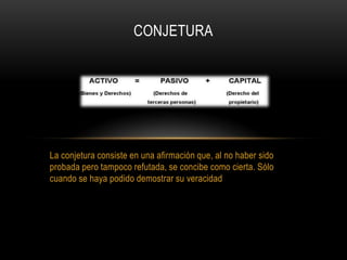 La conjetura consiste en una afirmación que, al no haber sido
probada pero tampoco refutada, se concibe como cierta. Sólo
cuando se haya podido demostrar su veracidad
CONJETURA
 