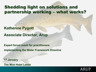 Shedding light on solutions and
partnership working – what works?
Katherine Pygott
Associate Director, Arup
Expert forum event for practitioners
implementing the Water Framework Directive
17 January
The Mint Hotel Leeds
 