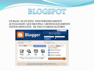 UN BLOG ES UN SITIO WED PERIODICAMENTE
ACTUALIZADO QUE RECOPILA GRONOLOGICAMENTE
TEXTOS ARTICULOS DE UNO O VARIOS AUTORES
 