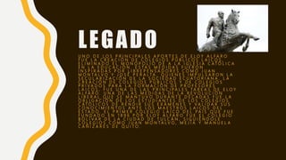 LEGADOU N O D E L O S P R I N C I P A L E S A P O R T E S D E E L O Y A L F A R O
F U E L A C R E A C I Ó N D E C O L E G I O S P Ú B L I C O S L A I C O S ,
E L I M I N A D O E L M O N O P O L I O D E A L A I G L E S I A C A T Ó L I C A
E N L A E D U C A C I Ó N . E S T A S M E D I D A S F U E R O N
I N S P I R A D A S P O R L I B R E P E N S A D O R E S C O M O J U A N
M O N T A L V O Y J O S É P E R A L T A , Q U I E N E S I M P U L S A R O N L A
S E C U L A R I Z A C I Ó N D E L A S O C I E D A D E C U A T O R I A N A . L A
C R E A C I Ó N D E C O L E G I O S P Ú B L I C O S Y D E C O L E G I O S
P R I V A D O S P A R A L A F O R M A C I Ó N D E P R O F E S O R E S
L A I C O S , F U E U N A D E L A S P R I N C I P A L E S T A R E A S D E E L O Y
A L F A R O . U N A D E L A S M E D I D A S D E L A R E V O L U C I Ó N
L I B E R A L Q U E S E M A N T U V O D U R A N T E D É C A D A S F U E L A
O B L I G A C I Ó N D E L O S E S T U D I A N T E S D E L O S C O L E G I O S
C A T Ó L I C O S D E R E N D I R S U S E X Á M E N E S Y V A L I D A R S U S
C O N O C I M I E N T O S A N T E L O S M A E S T R O S L A I C O S D E L
E S T A D O . E L P R I M E R C O L E G I O L A I C O D E L P A Í S Q U E F U E
F U N D A D O E N 1 8 9 6 P O R E L O Y A L F A R O F U E E L C O L E G I O
B O L Í V A R D E L A C I U D A D D E T U L C Á N , S I G U I É N D O L E
C O L E G I O S C O M O J U A N M O N T A L V O , M E J Í A Y M A N U E L A
C A Ñ I Z A R E S D E Q U I T O .
 