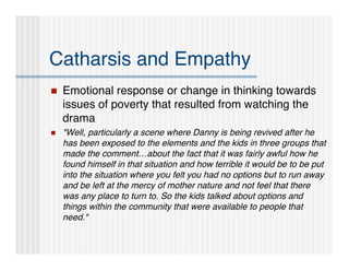 Catharsis and Empathy
   Emotional response or change in thinking towards
    issues of poverty that resulted from watching the
    drama
   "Well, particularly a scene where Danny is being revived after he
    has been exposed to the elements and the kids in three groups that
    made the comment…about the fact that it was fairly awful how he
    found himself in that situation and how terrible it would be to be put
    into the situation where you felt you had no options but to run away
    and be left at the mercy of mother nature and not feel that there
    was any place to turn to. So the kids talked about options and
    things within the community that were available to people that
    need."
 