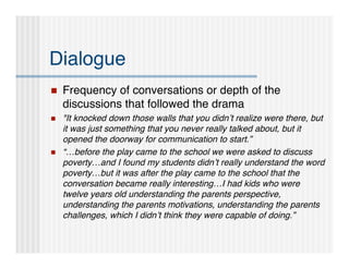 Dialogue
   Frequency of conversations or depth of the
    discussions that followed the drama
   "It knocked down those walls that you didn’t realize were there, but
    it was just something that you never really talked about, but it
    opened the doorway for communication to start.”
   “…before the play came to the school we were asked to discuss
    poverty…and I found my students didn’t really understand the word
    poverty…but it was after the play came to the school that the
    conversation became really interesting…I had kids who were
    twelve years old understanding the parents perspective,
    understanding the parents motivations, understanding the parents
    challenges, which I didn’t think they were capable of doing.”
 