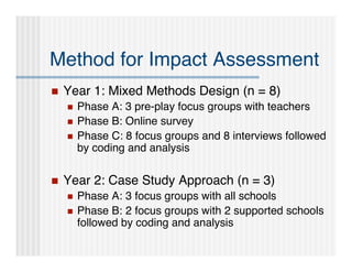 Method for Impact Assessment
   Year 1: Mixed Methods Design (n = 8)
       Phase A: 3 pre-play focus groups with teachers
       Phase B: Online survey
       Phase C: 8 focus groups and 8 interviews followed
        by coding and analysis

   Year 2: Case Study Approach (n = 3)
       Phase A: 3 focus groups with all schools
       Phase B: 2 focus groups with 2 supported schools
        followed by coding and analysis
 
