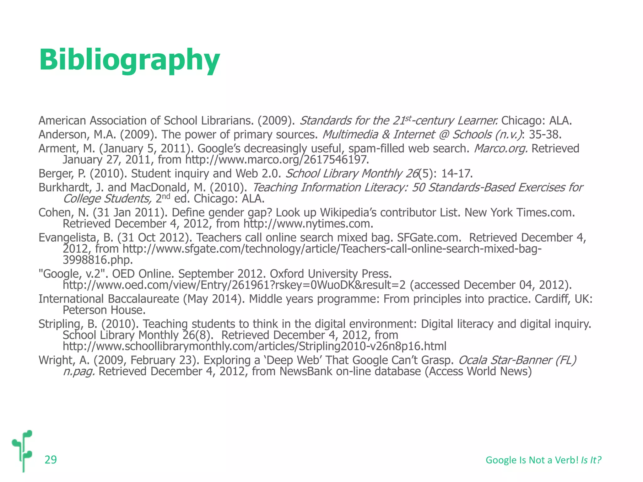 Bibliography 
American Association of School Librarians. (2009). Standards for the 21st-century Learner. Chicago: ALA. 
Anderson, M.A. (2009). The power of primary sources. Multimedia & Internet @ Schools (n.v.): 35-38. 
Arment, M. (January 5, 2011). Google’s decreasingly useful, spam-filled web search. Marco.org. Retrieved 
29 
January 27, 2011, from http://www.marco.org/2617546197. 
Berger, P. (2010). Student inquiry and Web 2.0. School Library Monthly 26(5): 14-17. 
Burkhardt, J. and MacDonald, M. (2010). Teaching Information Literacy: 50 Standards-Based Exercises for 
College Students, 2nd ed. Chicago: ALA. 
Cohen, N. (31 Jan 2011). Define gender gap? Look up Wikipedia’s contributor List. New York Times.com. 
Retrieved December 4, 2012, from http://www.nytimes.com. 
Evangelista, B. (31 Oct 2012). Teachers call online search mixed bag. SFGate.com. Retrieved December 4, 
2012, from http://www.sfgate.com/technology/article/Teachers-call-online-search-mixed-bag- 
3998816.php. 
"Google, v.2". OED Online. September 2012. Oxford University Press. 
http://www.oed.com/view/Entry/261961?rskey=0WuoDK&result=2 (accessed December 04, 2012). 
International Baccalaureate (May 2014). Middle years programme: From principles into practice. Cardiff, UK: 
Peterson House. 
Stripling, B. (2010). Teaching students to think in the digital environment: Digital literacy and digital inquiry. 
School Library Monthly 26(8). Retrieved December 4, 2012, from 
http://www.schoollibrarymonthly.com/articles/Stripling2010-v26n8p16.html 
Wright, A. (2009, February 23). Exploring a ‘Deep Web’ That Google Can’t Grasp. Ocala Star-Banner (FL) 
n.pag. Retrieved December 4, 2012, from NewsBank on-line database (Access World News) 
Google Is Not a Verb! Is It? 
 