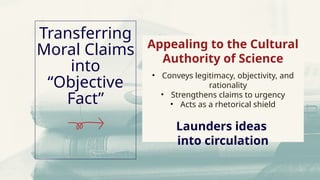 Appealing to the Cultural
Authority of Science
• Conveys legitimacy, objectivity, and
rationality
• Strengthens claims to urgency
• Acts as a rhetorical shield
Launders ideas
into circulation
Transferring
Moral Claims
into
“Objective
Fact”
 