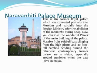 Narayanhiti Palace Museum
This is the former Royal palace
which was converted partially into
Museum and partially into the
Foreign Ministry after the abolition
of the monarchy during 2009. Now
you can visit the wonderful Places
of the main building of the palace.
Massive fruits softball bats clinging
from the high plants and 20 foot-
tall bamboo bedding around the
otherwise contemporary former
palace are a vision, especially
around sundown when the bats
leave en masse.
 