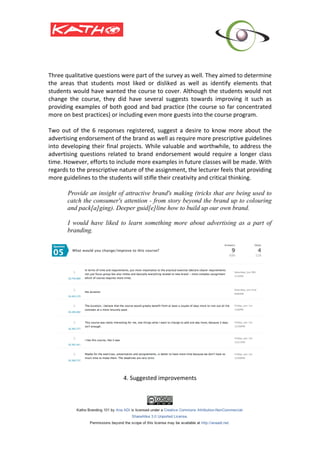 Three	
  qualitative	
  questions	
  were	
  part	
  of	
  the	
  survey	
  as	
  well.	
  They	
  aimed	
  to	
  determine	
  
the	
   areas	
   that	
   students	
   most	
   liked	
   or	
   disliked	
   as	
   well	
   as	
   identify	
   elements	
   that	
  
students	
  would	
  have	
  wanted	
  the	
  course	
  to	
  cover.	
  Although	
  the	
  students	
  would	
  not	
  
change	
   the	
   course,	
   they	
   did	
   have	
   several	
   suggests	
   towards	
   improving	
   it	
   such	
   as	
  
providing	
   examples	
   of	
   both	
   good	
   and	
   bad	
   practice	
   (the	
   course	
   so	
   far	
   concentrated	
  
more	
  on	
  best	
  practices)	
  or	
  including	
  even	
  more	
  guests	
  into	
  the	
  course	
  program.	
  	
  	
  
	
  
Two	
   out	
   of	
   the	
   6	
   responses	
   registered,	
   suggest	
   a	
   desire	
   to	
   know	
   more	
   about	
   the	
  
advertising	
  endorsement	
  of	
  the	
  brand	
  as	
  well	
  as	
  require	
  more	
  prescriptive	
  guidelines	
  
into	
   developing	
   their	
   final	
   projects.	
   While	
   valuable	
   and	
   worthwhile,	
   to	
   address	
   the	
  
advertising	
   questions	
   related	
   to	
   brand	
   endorsement	
   would	
   require	
   a	
   longer	
   class	
  
time.	
  However,	
  efforts	
  to	
  include	
  more	
  examples	
  in	
  future	
  classes	
  will	
  be	
  made.	
  With	
  
regards	
  to	
  the	
  prescriptive	
  nature	
  of	
  the	
  assignment,	
  the	
  lecturer	
  feels	
  that	
  providing	
  
more	
  guidelines	
  to	
  the	
  students	
  will	
  stifle	
  their	
  creativity	
  and	
  critical	
  thinking.	
  	
  
	
  
           Provide an insight of attractive brand's making (tricks that are being used to
           catch the consumer's attention - from story beyond the brand up to colouring
           and pack[a]ging). Deeper guid[e]line how to build up our own brand.

           I would have liked to learn something more about advertising as a part of
           branding.
	
  




                                                                                                                                         	
  
                                                                  	
  
                                              4.	
  Suggested	
  improvements	
  
 