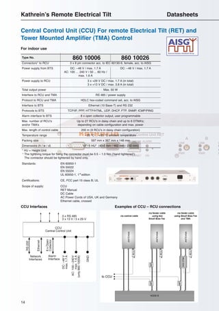 1414
860 10006 860 10026Type No.
Connectors1)
to RCU 3 x 8 pin connector acc. to IEC 60130-9, female, acc. to AISG
Power supply from BTS DC: –48 V / max. 1.7 A DC: –48 V / max. 1.7 A
AC: 100 … 240 V / 50 ... 60 Hz /
max. 1.6 A
Power supply to RCU 3 x +29 V DC / max. 1.7 A (in total)
3 x +13 V DC / max. 3.8 A (in total)
Total output power Max. 50 W
Interface to RCU and TMA RS 485 / power supply
Protocol to RCU and TMA HDLC hex-coded command set, acc. to AISG
Interface to BTS Ethernet (10 Base-T) and RS 232
Protocols to BTS TCP/IP, PPP, HTTP/HTML, UDP, DHCP, FTP, SNMP, ICMP/PING
Alarm interface to BTS 8 x open collector output, user programmable
Max. number of RCU’s Up to 27 RCU’s in daisy chain and up to 6 DTMA’s;
and/or TMA’s depending on cable configuration and max. power
Max. length of control cable 200 m (9 RCU’s in daisy chain configuration)
Temperature range –25 °C ... +55 °C ambient temperature
Packing size 597 mm x 367 mm x 148 mm
Dimensions (h / w / d) 19" 1 HU* (43.6 mm / 483 mm / 250 mm)
For indoor use
* HU = Height Unit
1)
The tightning torque for fixing the connector must be 0.5 – 1.0 Nm (‘hand tightened’).
The connector should be tightened by hand only.
Standards: EN 60950-1
EN 55022
EN 55024
UL 60950-1, 1st
edition
Certifications: CE, FCC part 15 class B; UL
Scope of supply: CCU
RET Manual
DC Cable
AC Power Cords of USA, UK and Germany
Ethernet cable, crossed
3 x RS 485
3 x 13 V / 3 x 29 V
CCU
Central Control Unit
AC:100–240V
max.1.6A
(only86010006)
DC:–48V
max.1.7A
Ethernet
RS232
Network
Interfaces
8xOpen
Collector
Alarm
Interface
GND
Examples of CCU – RCU connectionsCCU Interfaces
Central Control Unit (CCU) For remote Electrical Tilt (RET) and
Tower Mounted Amplifier (TMA) Control
Kathrein’s Remote Electrical Tilt Datasheets
 