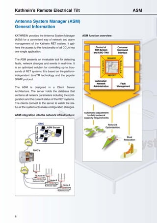 8
Antenna System Manager (ASM)
General Information
Kathrein’s Remote Electrical Tilt ASM
KATHREIN provides the Antenna System Manager
(ASM) for a convenient way of network and alarm
management of the Kathrein RET system. It gat-
hers the access to the functionality of all CCUs into
one single application.
The ASM presents an invaluable tool for detecting
faults, network changes and events in real-time. It
is an optimized solution for controlling up to thou-
sands of RET systems. It is based on the platform-
independent JavaTM technology and the popular
SNMP protocol.
The ASM is designed in a Client Server
Architecture. The server holds the database that
contains all network parameters including the confi-
guration and the current status of the RET systems.
The clients connect to the server to watch the sta-
tus of the system or to make configuration changes.
ASM integration into the network infrastructure:
ASM function overview:
 
