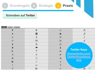 Referentin: Kathrin Möller www.moellerscript.de 
Grundregeln 
1 
Strategie 
2 
Praxis 
3 
31 
Twitter Keys 
thenextweb.com/ TwitterKeys/keys. php 
Schreiben auf Twitter  