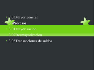 2.03Mayor general 3.-Procesos 3.01Mayorizacion 3.02Desmayorizacion 3.03Transacciones de saldos 