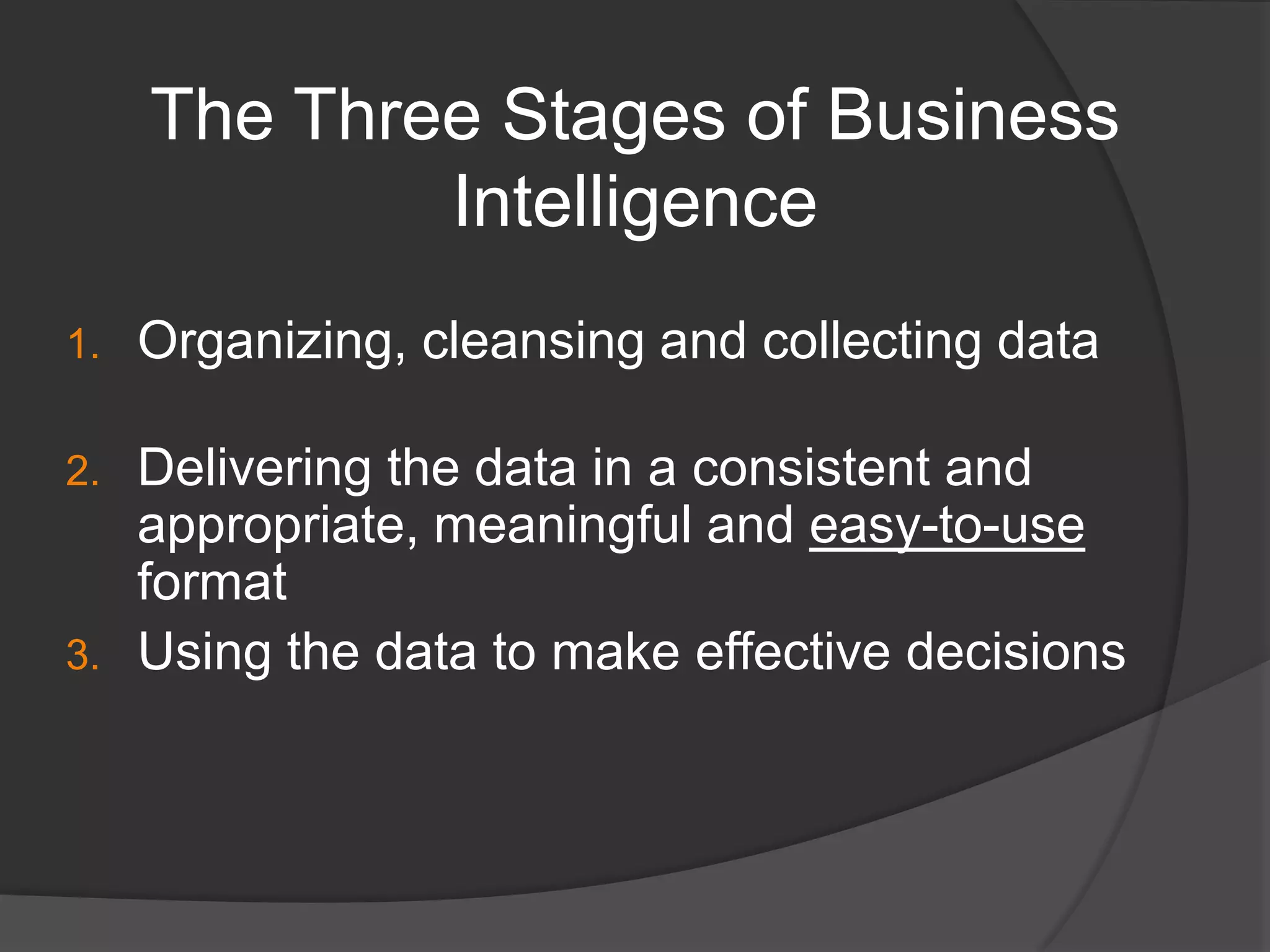 The Three Stages of Business IntelligenceOrganizing, cleansing and collecting dataDelivering the data in a consistent and appropriate, meaningful and easy-to-use formatUsing the data to make effective decisions