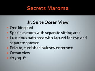 Jr. Suite OceanView
 One king bed
 Spacious room with separate sitting area
 Luxurious bath area with Jacuzzi for two and
separate shower
 Private, furnished balcony or terrace
 Ocean view
 624 sq. ft.
 