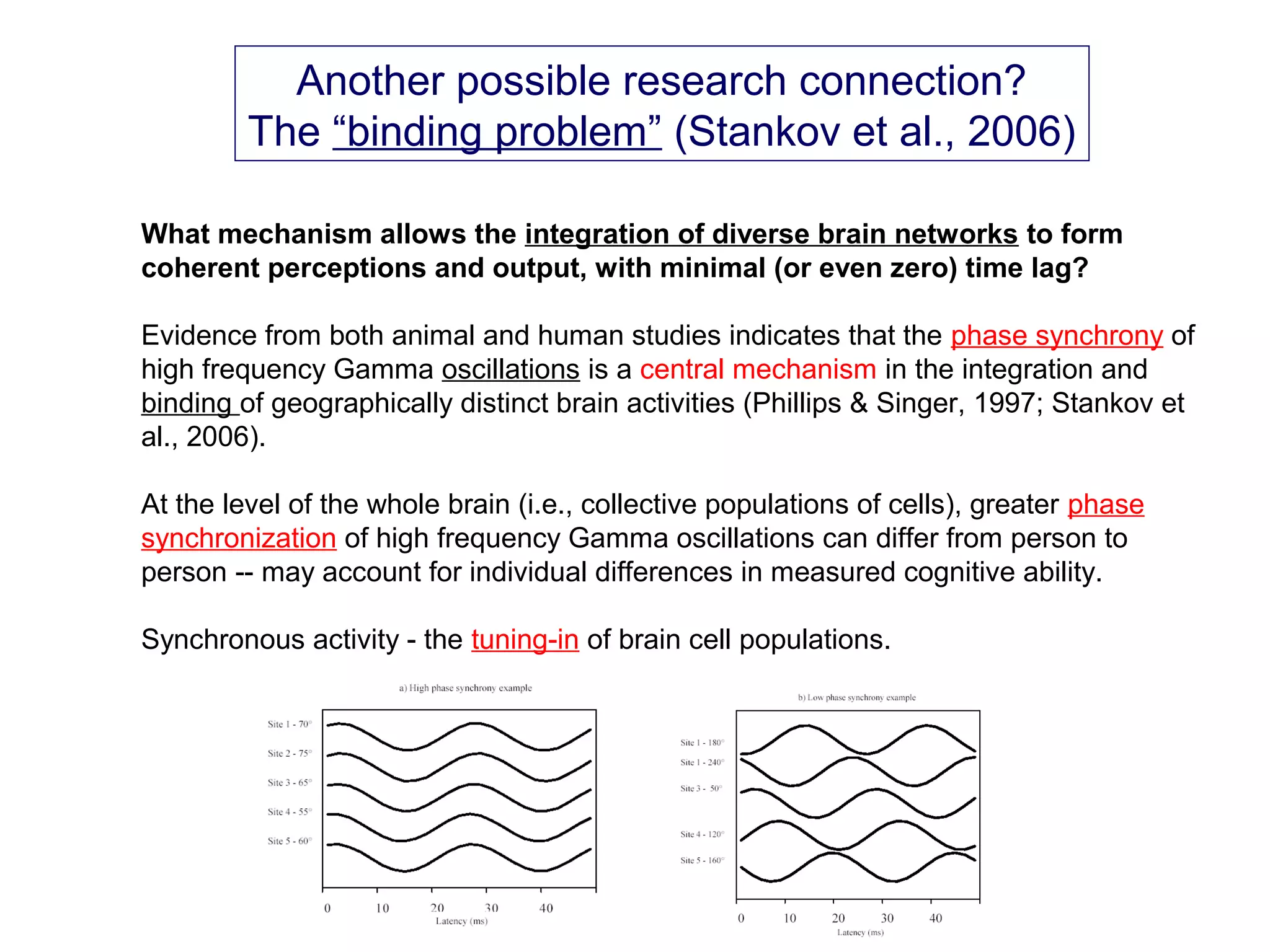 What mechanism allows the integration of diverse brain networks to form
coherent perceptions and output, with minimal (or even zero) time lag?
Evidence from both animal and human studies indicates that the phase synchrony of
high frequency Gamma oscillations is a central mechanism in the integration and
binding of geographically distinct brain activities (Phillips & Singer, 1997; Stankov et
al., 2006).
At the level of the whole brain (i.e., collective populations of cells), greater phase
synchronization of high frequency Gamma oscillations can differ from person to
person -- may account for individual differences in measured cognitive ability.
Synchronous activity - the tuning-in of brain cell populations.
Another possible research connection?
The “binding problem” (Stankov et al., 2006)
 