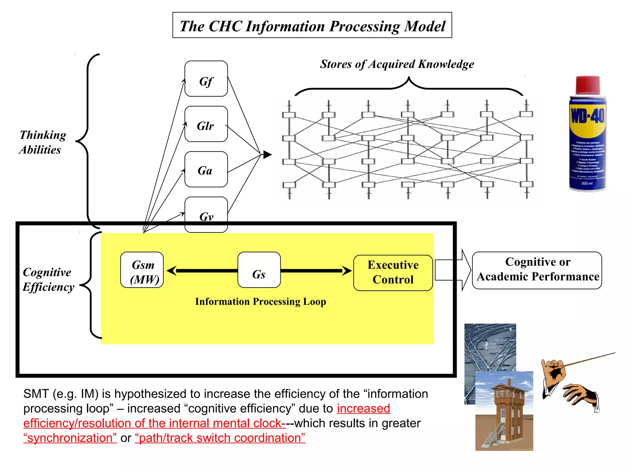 The CHC Information Processing Model
Cognitive or
Academic Performance
Gsm
(MW)
Information Processing Loop
Cognitive
Efficiency
Executive
ControlGs
Gf
Glr
Ga
Gv
Thinking
Abilities
Stores of Acquired Knowledge
SMT (e.g. IM) is hypothesized to increase the efficiency of the “information
processing loop” – increased “cognitive efficiency” due to increased
efficiency/resolution of the internal mental clock---which results in greater
“synchronization” or “path/track switch coordination”
 