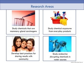Research Areas
Study chemicals that are
mammary gland carcinogens
Study chemical exposures
from everyday products
Develop ...