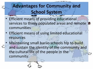 Advantages for Community and
School System
• Efficient means of providing educational
services to thinly populated areas and remote
communities
• Efficient means of using limited educational
resources
• Maintaining small bariio schools hlp to build
and sustain the identity of the community and
the cultural life of the people in the
community.

 