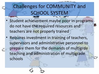 Challenges for COMMUNITY and
SCHOOL SYSTEM
• Student achievement maybe poor in programs
do not have the required resources and
teachers are not properly trained
• Requires investment in training of teachers,
supervisors and administrative personnel to
prepare them for the demands of multigrde
teaching and administration of multigrade
schools

 
