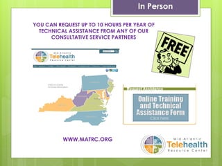 YOU CAN REQUEST UP TO 10 HOURS PER YEAR OF
TECHNICAL ASSISTANCE FROM ANY OF OUR
CONSULTATIVE SERVICE PARTNERS
WWW.MATRC.ORG
In Person
 
